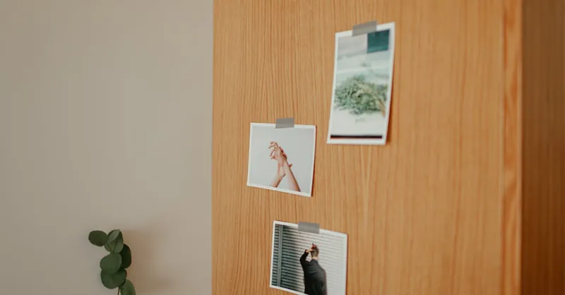A minimalist wooden wall featuring taped photographs and a small plant, creating a cozy decor.