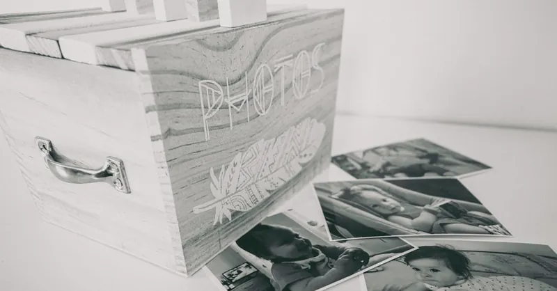 Black and white photo of a wooden box labeled