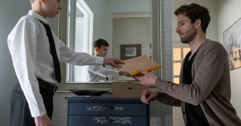 A father and son exchanging an envelope in an indoor setting, reflecting parenthood and communication.