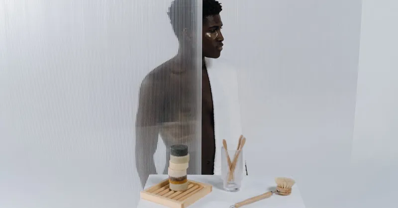 A person behind a screen with natural body care items, creating a minimalist and modern aesthetic.