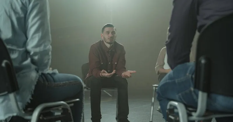 A group therapy session indoors with diverse adults in a supportive environment.