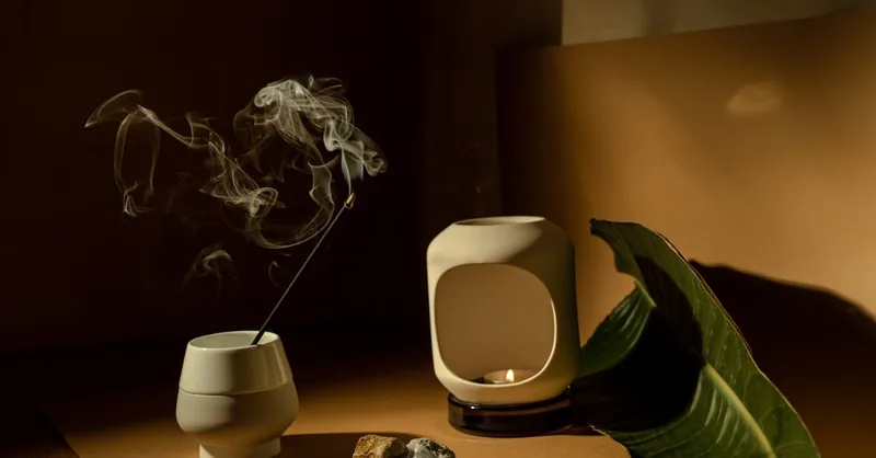 A calming still life featuring incense and tealight, perfect for relaxation and meditation.