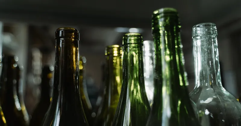 A moody still life of green and clear glass bottles captured in low light, showcasing recycling and eco-friendly themes.