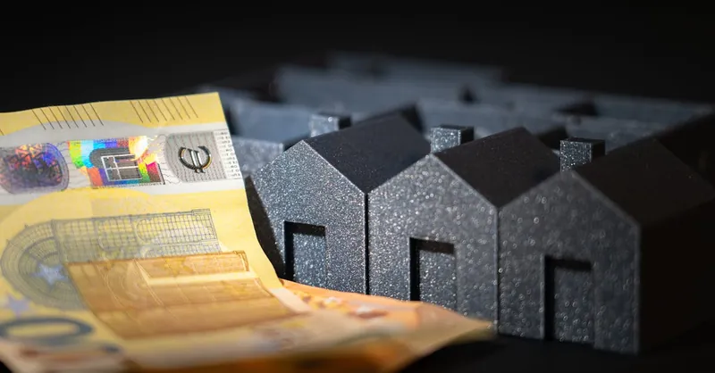 Close-up of black miniature houses with Euro notes, representing real estate investment and savings.