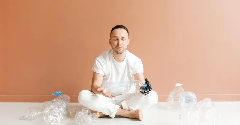 Man with prosthetic hand meditates indoors among plastic bottles, promoting environmental awareness.