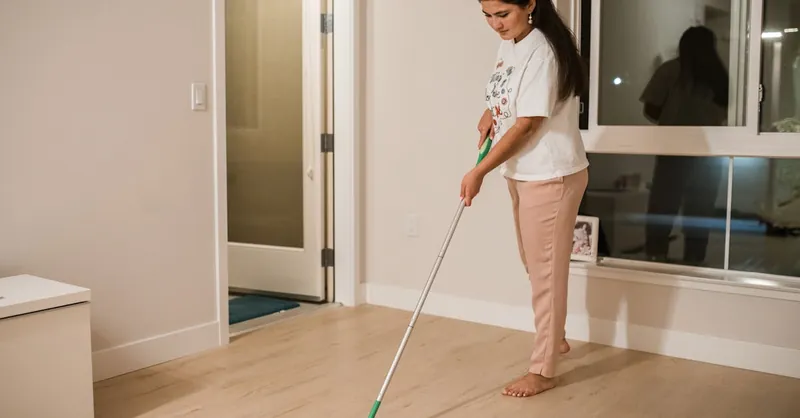 Woman cleaning a room with a mop, demonstrating domestic chores in a minimalist indoor setting.