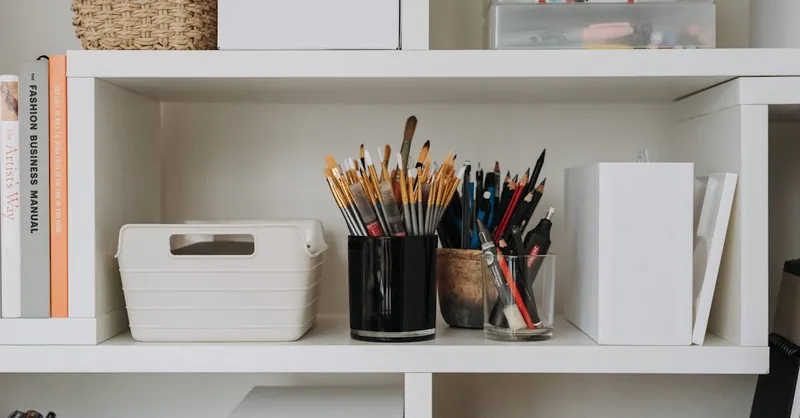 Tidy arrangement of art supplies in a modern workshop setting, showcasing creativity and organization.