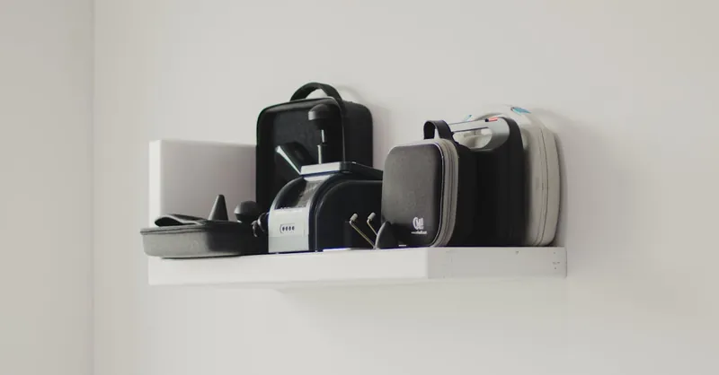 A minimalist white shelf displaying various storage containers and tools, highlighting organization.