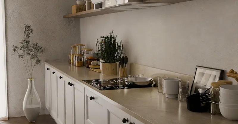 Elegant minimalist kitchen with modern decor and interior design elements.