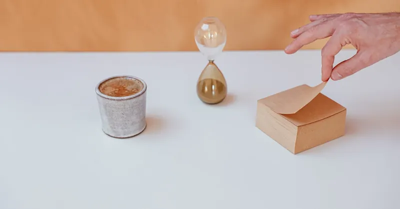 A minimalist desk setup featuring an hourglass, coffee cup, and notepad for time management inspiration.
