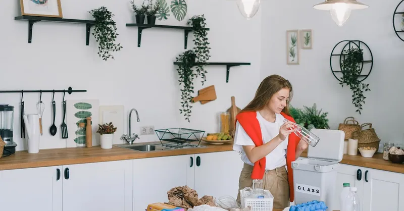 Woman organizing recyclables in a contemporary kitchen setting, promoting eco-friendliness.