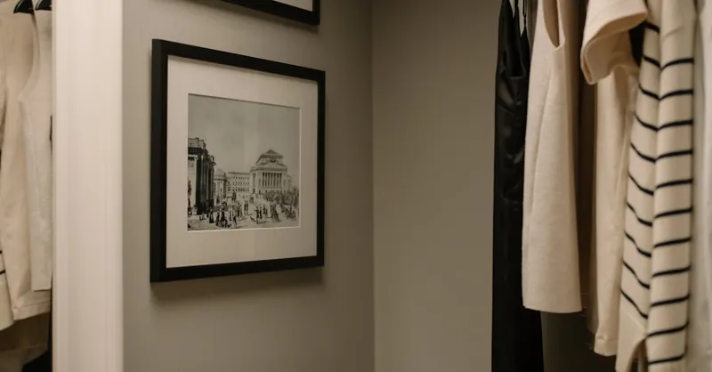 A well-organized closet with hanging clothes and vintage framed photographs for a modern minimalist look.