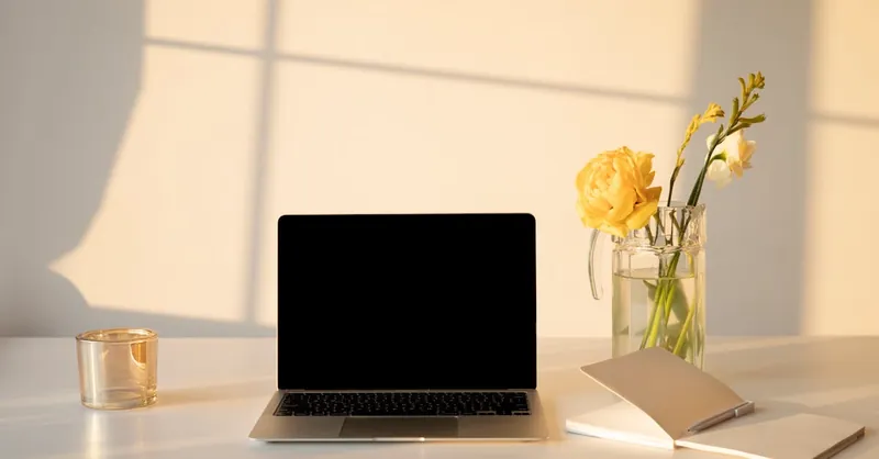 A serene minimalist workspace featuring a laptop, flowers, and a notebook, ideal for productivity and creativity.