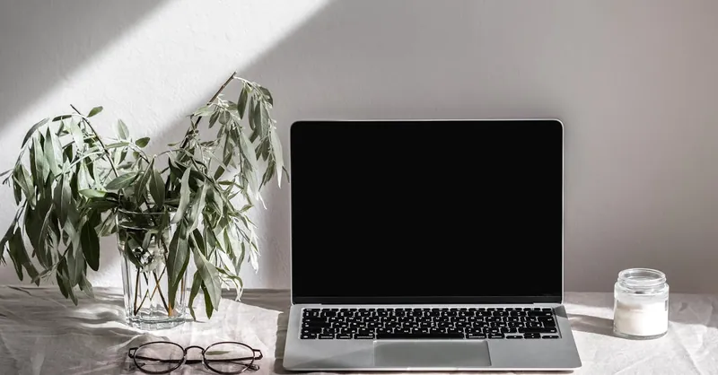A clean and bright minimalist workspace featuring a laptop, eyeglasses, and a plant.