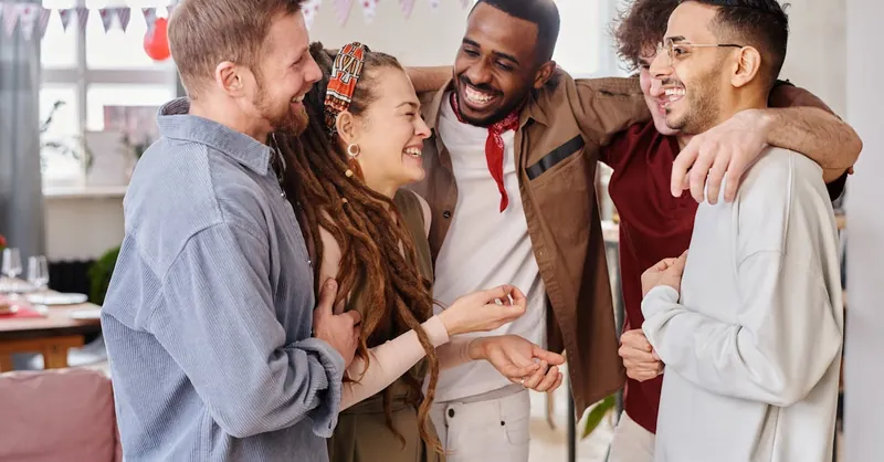 A joyful group of diverse friends celebrates indoors, embodying unity and happiness.