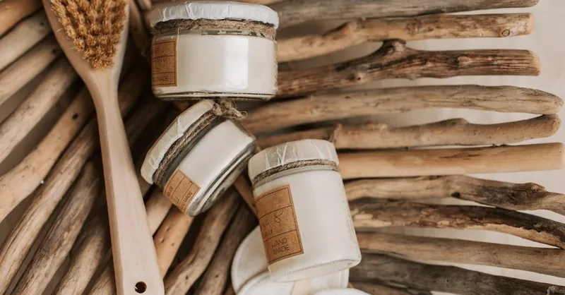 Explore eco-friendly skincare products with a rustic wooden background, promoting sustainability and zero waste.