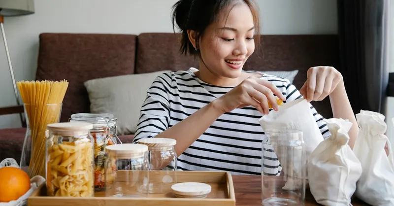 Cheerful woman organizing pasta and jars at home, promoting eco-friendly lifestyle.