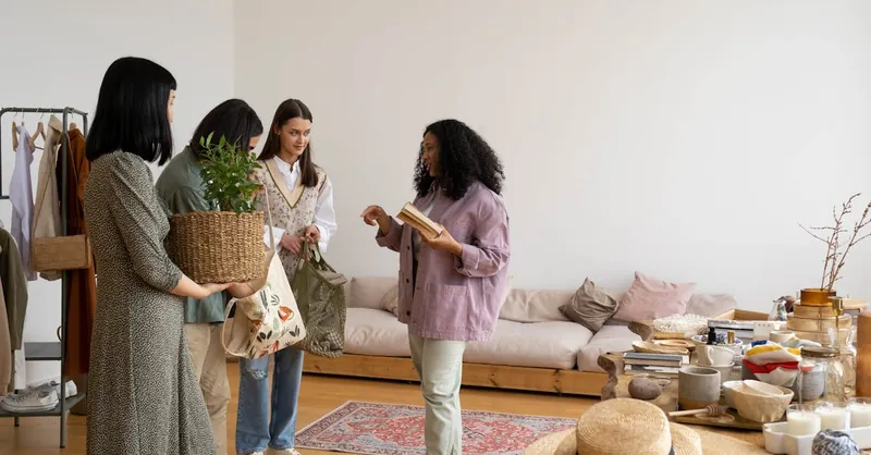 Four women interacting in a stylish, minimalist living room setting, with natural light and decor.