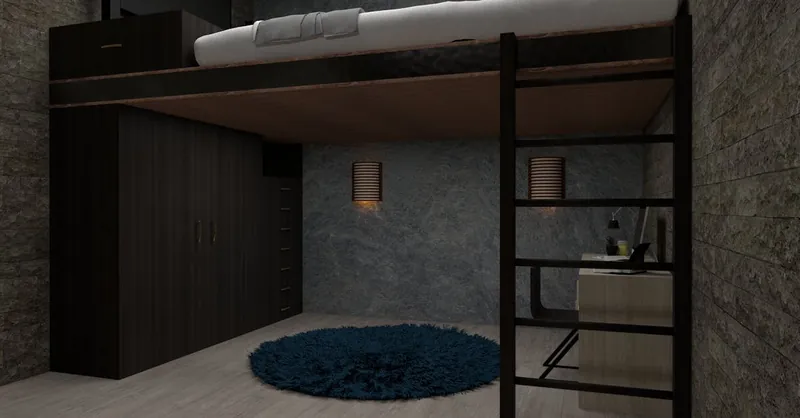 Stylish modern loft bedroom with minimalist design and multifunctional furniture.